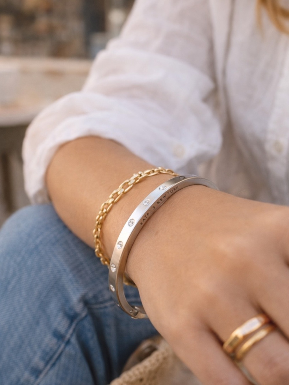 Kate Spade New York Silver Tone Crystal Bracelet Minimalist‎ Stackable  8”